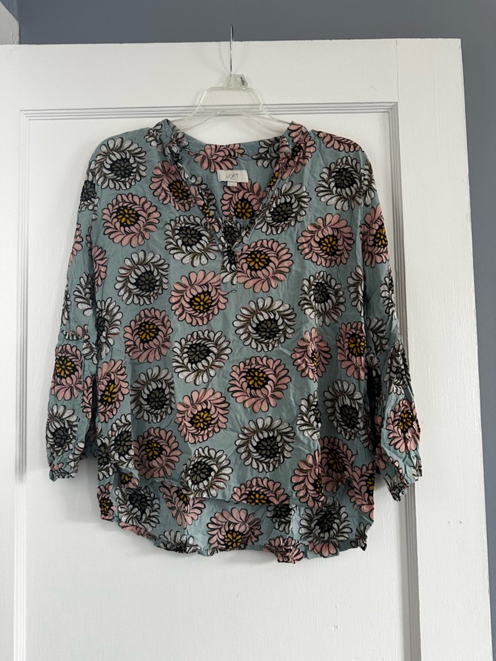 LOFT Dusty Blue Floral Split-Neck Blouse